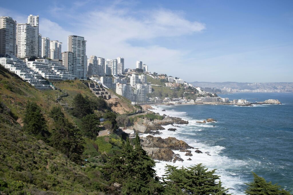 A view of a city from a hill overlooking the ocean