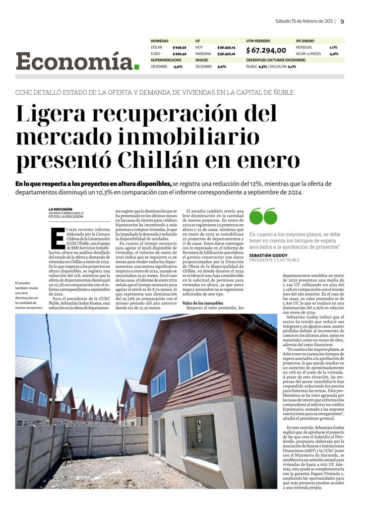 Ligera recuperación del mercado inmobiliario presentó Chillán en enero